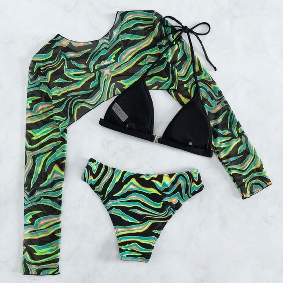 Allover Print Halter Triangle Bikini Swimsuit With Cover Up - Picture 6 of 10